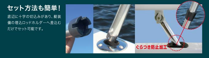 セット方法も簡単！底辺に十字に切込みがあり、艇に装備されたロッドホルダーへ差込むだけでセット可能です。