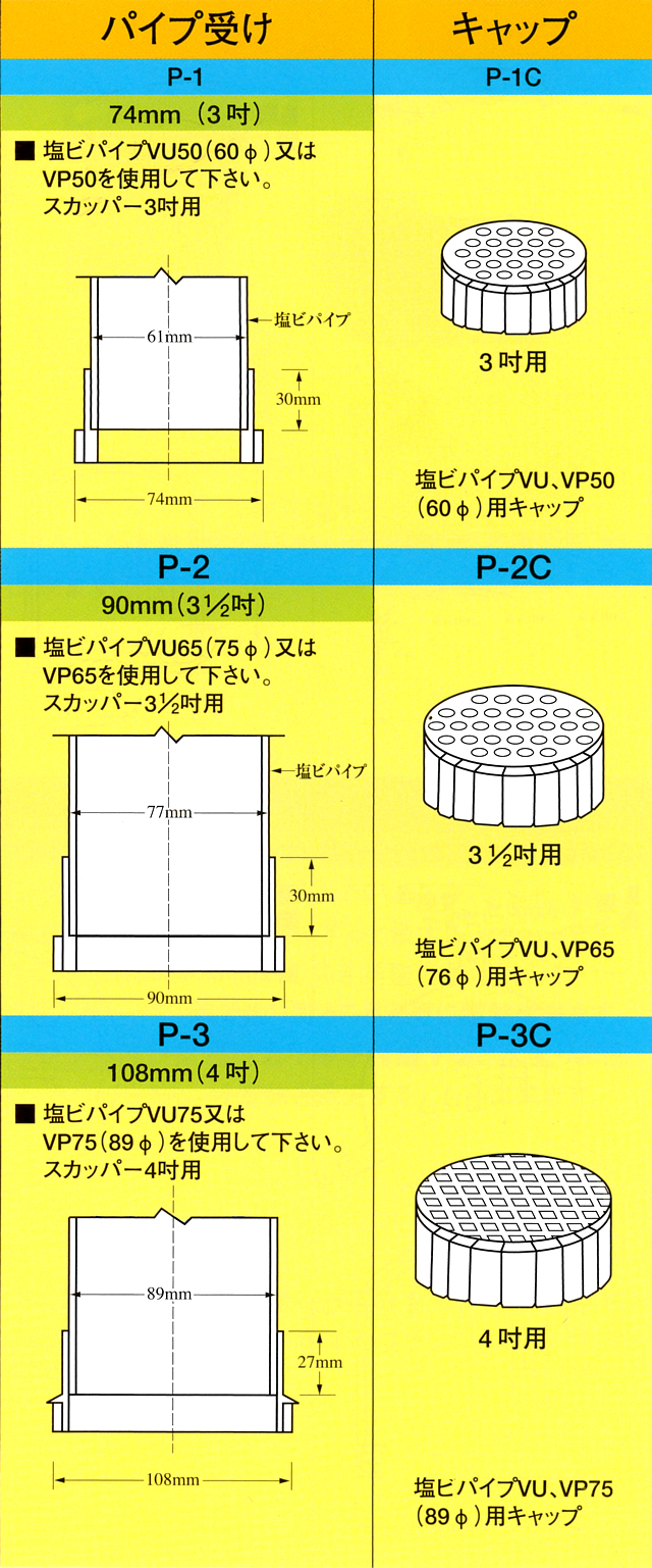 イケダ式 パイプ受け P-1,P-2,P-3 （塩ビ スカッパー） 【イケダ商会】