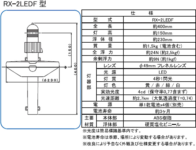 緑星社 乾電池式 小型標識灯RX-2LED型 RX-2LEDF型　航路標識　シーライト